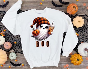 Cute Halloween Ghost Design – Plaid Hat, Pumpkin & Iced Coffee | Fall PNG Clipart, Sublimation for Shirts, Mugs, Stickers
