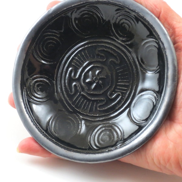 Greek Goddess Hecate  Hekate's Wheel Offering Bowl in Black and Silver Spiral Handmade Pottery