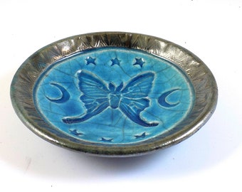 Raku Luna Moth Moon Offering Bowl Handmade Raku Pottery