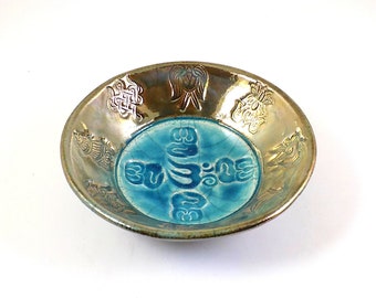 8 gifts of the Buddha Ashtamangala Blessing Bowl Handmade Raku Ceramic Pottery