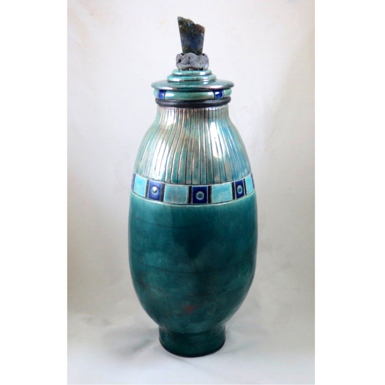 Coil Built and Hand Carved Raku Pottery Vessel Funerary Urn image 1