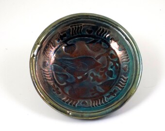 Birds and Bees Raku Bowls in Teal Copper Glaze - 2 Designs