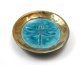 Dragonfly Raku Offering Bowl Handmade Ceramic  Pottery in Teal