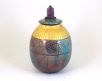 Coil Built Raku Teal Crackle with Ankh and Lotus Pot or Ash Urn