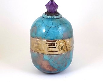 Coil Built Raku Turquoise Crackle with Greek Fret Design Pot or Ash Urn