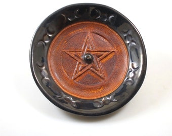 Incense Burner Triple Moon Autumn Pentagram Handmade Raku Pottery