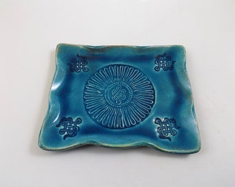 Endless Knot Shrivasta Raku Smudge Candle Holder Tray Handmade Pottery Ceramic