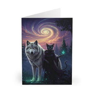 Grußkarten, Hexenkatze und Wolf Bild, Halloween Karten, Okkultes Briefpapier, Gruselige Grußkarten, Hexen Grüße, Gothic Kunstdrucke