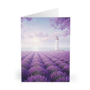 Tarjetas de felicitación de campo de lavanda (paquete de 5), papelería Lighthouse, juego de tarjetas de notas, notas de agradecimiento con flores moradas, regalo de tarjeta escrita a mano, naturaleza