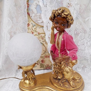 Very RARE Vintage 1950's Italian, Incredible Hollywood Regency Genie or Pixie Table Lamp Pink Velvet 15.5”, Aladdin, Arabian Nights
