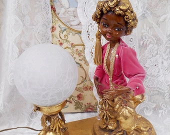 Very RARE Vintage 1950's Italian, Incredible Hollywood Regency Genie or Pixie Table Lamp Pink Velvet 15.5”, Aladdin, Arabian Nights