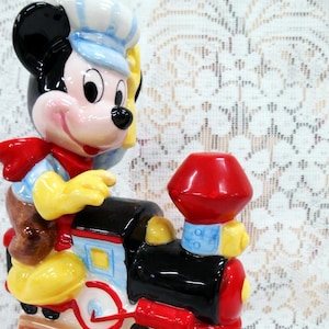 Retired Vintage Schmid, Wind-Up Music Box, Adorable Engineer Mickey Mouse Riding A Train, Plays &quot;I Been Workin&#39; On The Railroad&quot;