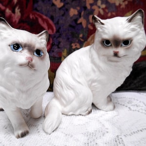 May include: Two white porcelain cat figurines with blue eyes. The cat on the left is standing with its paws together. The cat on the right is sitting with its tail curled around its body.
