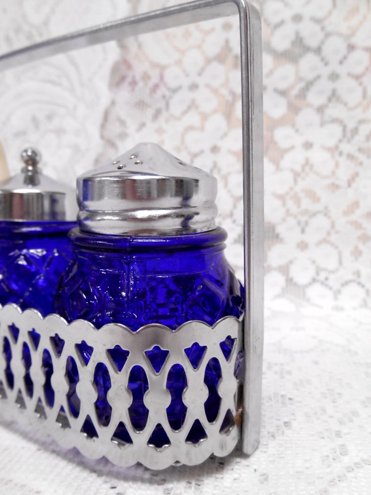 Tea Service Condiments Vintage Silverplate, Embossed Cobalt Blue Glass Condiment or Tea ...