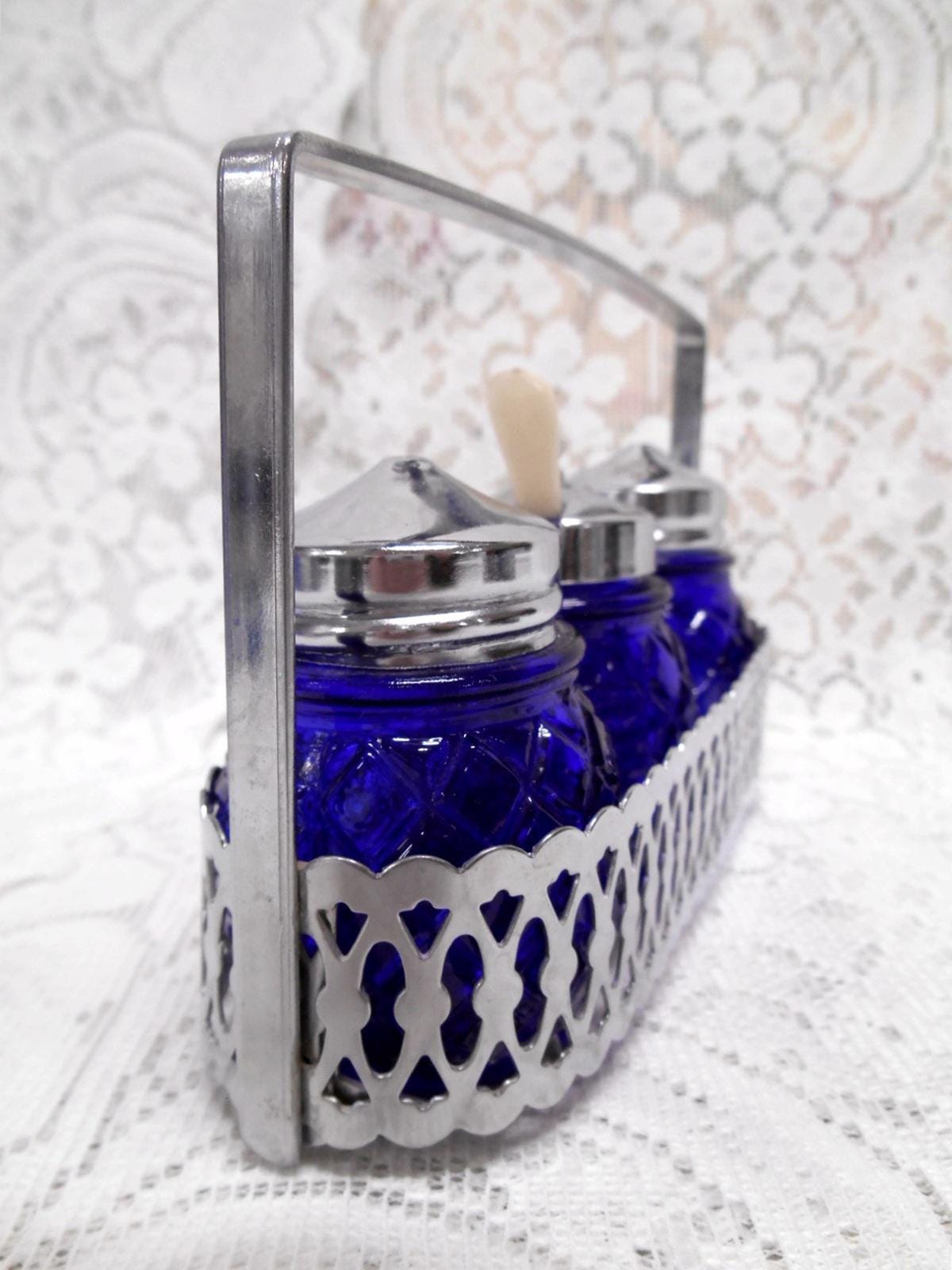 Tea Service Condiments Vintage Silverplate, Embossed Cobalt Blue Glass Condiment or Tea ...