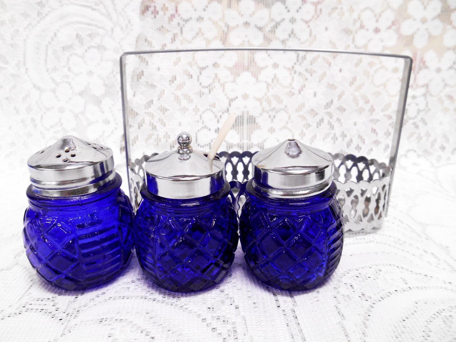 Tea Service Condiments Vintage Silverplate, Embossed Cobalt Blue Glass Condiment or Tea ...