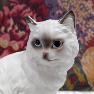 May include: A white porcelain figurine of a cat with brown markings around the eyes and nose. The cat is sitting with its head tilted slightly to the side.