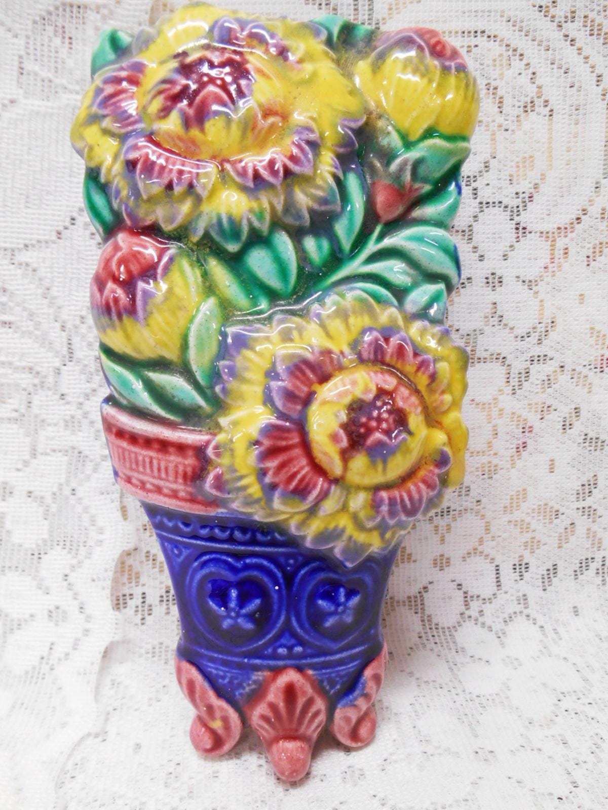 Wonderful Vintage, Art Nouveau Majolica Wall Pocket Vase, Whimsical and Colorful, Stylized Passion Flowers in Cobalt Blue Footed Planter