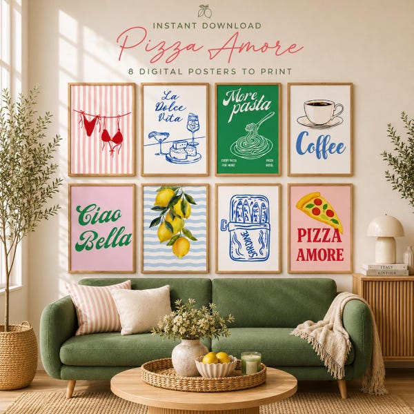Pizza Amore - Printable Wall Art Set of 8, Italian Posters, Retro Summer - Home Decor, Food Prints, Digital Download