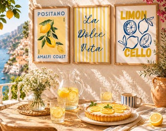 Limoncello Kitchen Wall Art Set of 3 – Amalfi Coast Lemon Prints, Italian Summer Decor, Digital Download