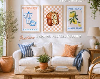 Italy Kitchen Wall Art Set of 3, Positano Lemon Print, Espresso & Panettone Posters, Italian Aesthetic Decor, Digital Download