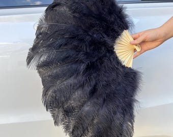 Abanico de plumas de avestruz negro: accesorio para disfraz de bailarina burlesca