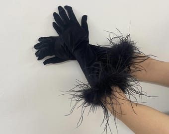 Black Velvet Feather Cuff Gloves - Gala, Photoshoot (40cm)