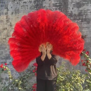 Op de afbeelding: Een grote, levendige rode verenwaaier, voor een persoon gehouden. De waaier is het middelpunt, met een goudkleurige basis. De veren zijn diep, verzadigd rood, wat een dramatisch visueel effect creëert. De achtergrond is een neutrale grijze muur.