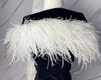 Puede incluir: Una prenda de terciopelo negro adornada con una boa de plumas blancas. Las plumas largas y suaves crean un aspecto dramático y elegante. La boa está drapeada sobre los hombros, añadiendo un toque de lujo.