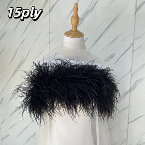 May include: A black feather boa is draped over a white garment on a wooden mannequin. The boa is made of long, soft black feathers. The text "15ply" is in the upper left corner.