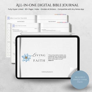 May include: Digital Bible journal with the text "Living in Faith" and a blue floral design. The journal includes 80+ pages, index, dividers, and stickers. The text "All-in-One Digital Bible Journal" is at the top.