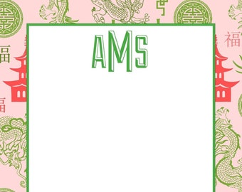 Personalized Notepads - PINK & GREEN PAGODA Chinoiserie - Set of 2 - Monogrammed Notepads