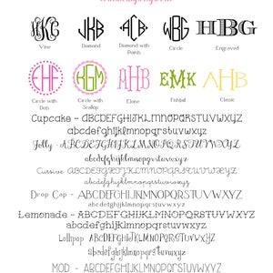 Op de afbeelding: Een grafiek met verschillende monogram- en lettertypes voor borduurwerk. De stijlen omvatten Rank, Diamant, Diamant met Punten, Cirkel, Gegraveerd, Cirkel met Stippen, Cirkel met Schelp, Eloise, Vissenstaart en Klassiek. De grafiek bevat ook een lijst met lettertypen met hoofdletters en kleine letters.
