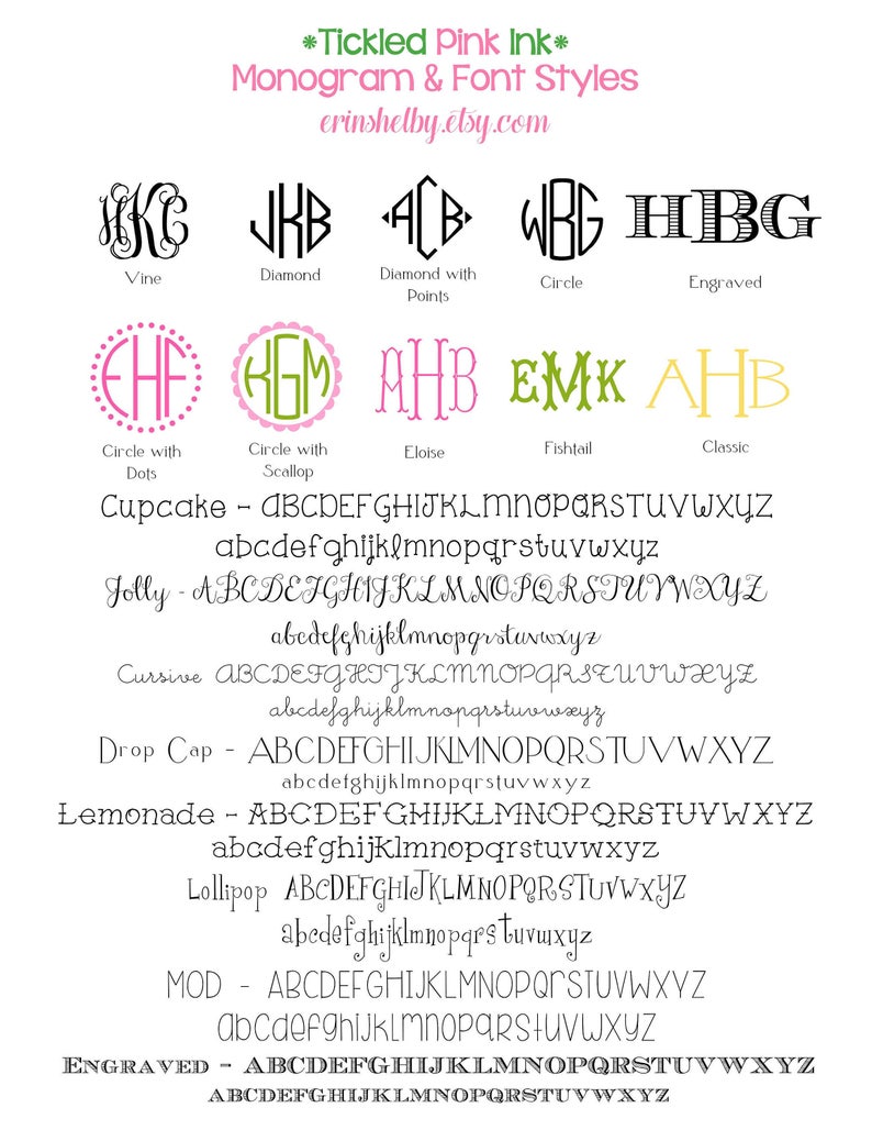 Op de afbeelding: Een grafiek met verschillende monogram- en lettertypes voor borduurwerk. De stijlen omvatten Rank, Diamant, Diamant met Punten, Cirkel, Gegraveerd, Cirkel met Stippen, Cirkel met Schelp, Eloise, Vissenstaart en Klassiek. De grafiek bevat ook een lijst met lettertypen met hoofdletters en kleine letters.