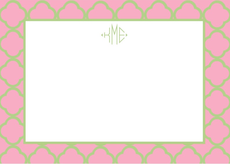 Pink and Green Quatrefoil Notecard Stationery or Invitation Set image 1