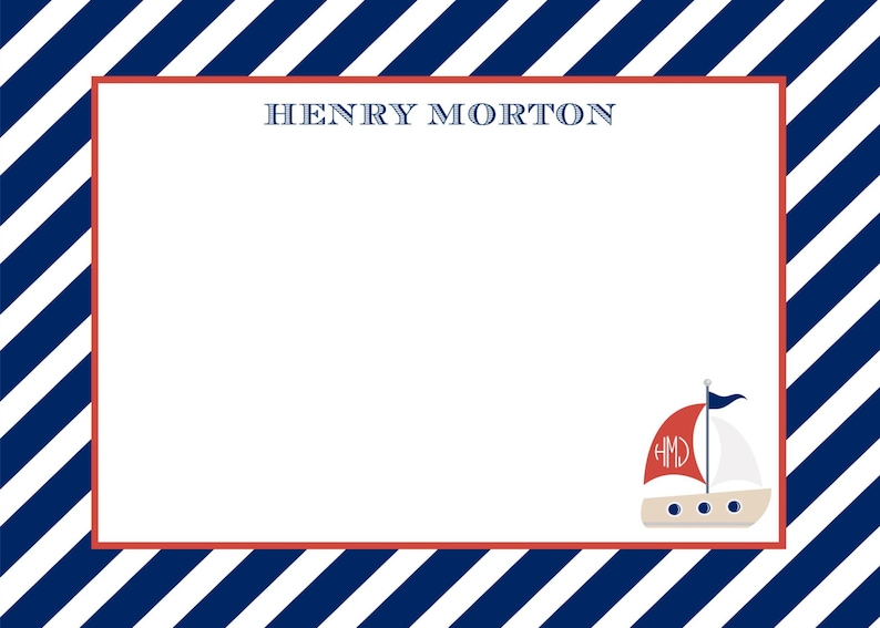 Sailboat & Navy Stripe Nautical Stationery, Notecards, Invitation Set image 1