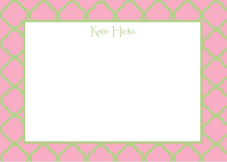 Pink and Green Quatrefoil Notecard Stationery or Invitation Set image 2