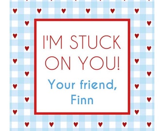 Valentine Blue Gingham Sticker or Cardstock Tag - STUCK ON YOU - Set of 24