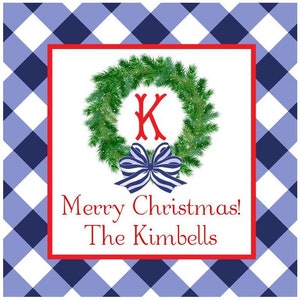 Preppy Christmas Navy Blue Gingham Wreath Sticker, Gift Enclosure, Tag, Address Label - Set of 24