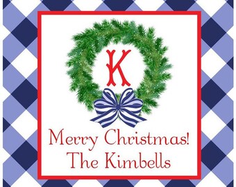 Preppy Christmas Navy Blue Gingham Wreath Sticker, Gift Enclosure, Tag, Address Label - Set of 24