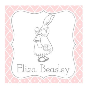 Pink Monogrammed Bunny Rabbit Sticker, Enclosure Card, Book Plate or Address Label Set of 24 image 1