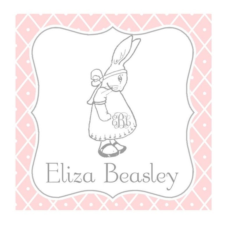 Pink Monogrammed Bunny Rabbit Sticker, Enclosure Card, Book Plate or Address Label Set of 24 image 1