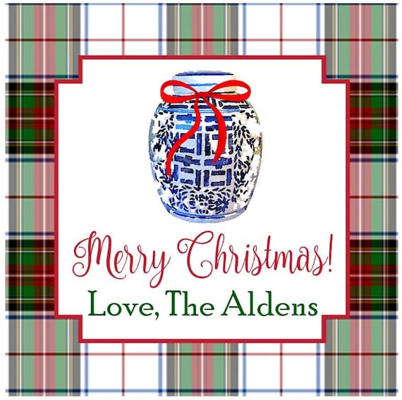 Ginger Jar in Plaid Sticker, Card Stock Tag, Enclosure, Address Label - Set of 24 -Double Happiness
