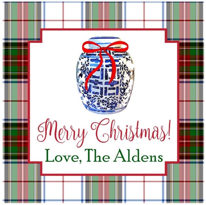 May include: A Christmas gift tag with a red and white plaid background. The tag features a blue and white ginger jar with a red bow and the text "Merry Christmas! Love, The Aldens".