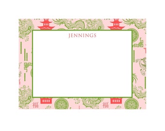 Pagoda Chinoiserie Pattern Notecard, Stationery in PINK and GREEN