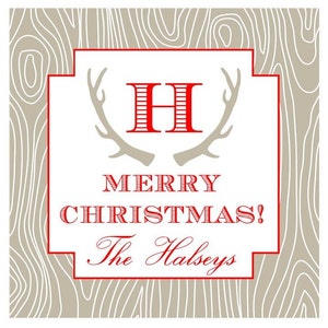 Christmas Holiday Sticker, Gift Enclosure Card, Address Label - WOOD GRAIN ANTLER - Set of 24