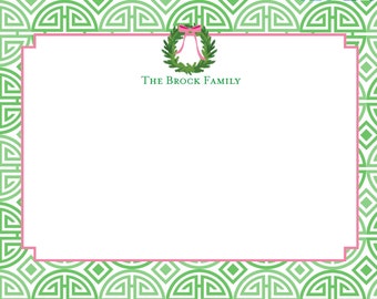 Double Happiness Pattern with Wreath Stationery, Notecards - Green Chinoiserie - Christmas Holiday