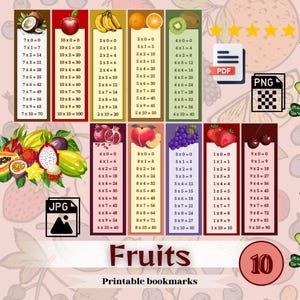 Tabella di moltiplicazione Segnalibro Frutta PDF Modello stampabile Scarica Tabella di moltiplicazione Regalo per bambini della scuola elementare Matematica per bambini della scuola fai da te