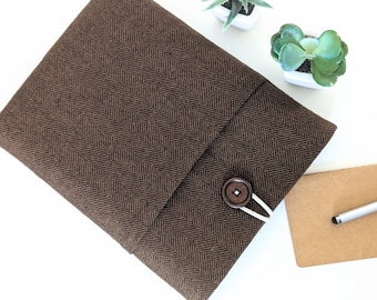 Custom iPad Sleeve, Brown Herringbone Wool, Padded Tablet Cover
