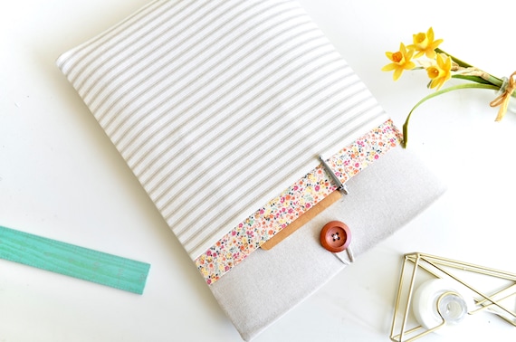Linen & Stripes Laptop Sleeve: Custom Fit, Floral Accent, Padded